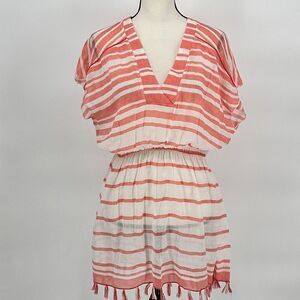 Athleta Beach‎ Cover Up Tassel Trim Stripe Coral & White Size Xsmall